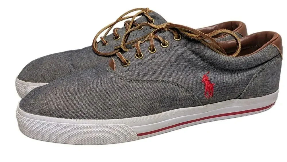 Polo Ralph Lauren Vaughn Canvas Sneaker Gray Lace Up Casual Shoes 14D Leather